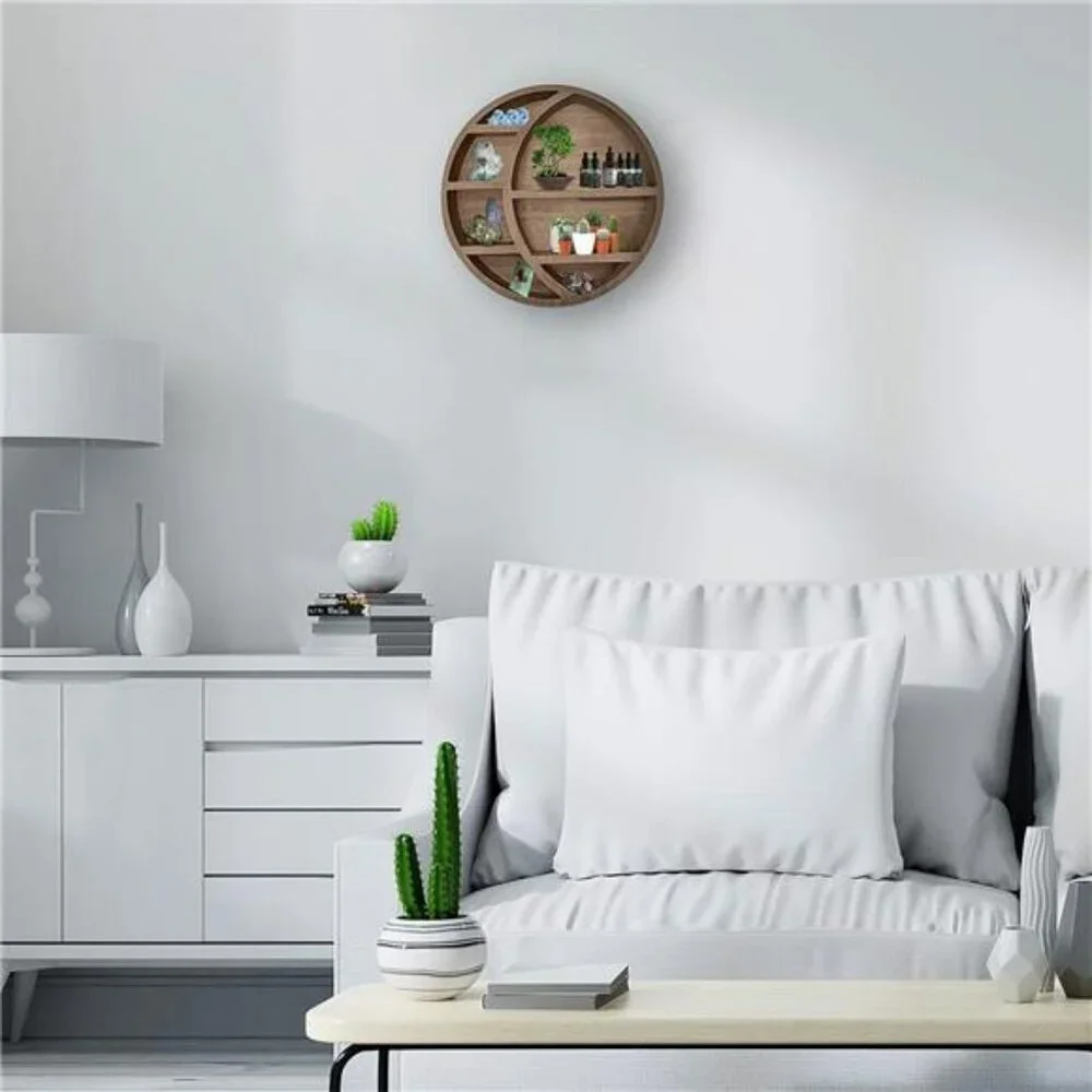 Wooden Moon Wall Shelf Boho Hanging Display Shelf Crystal Storage Decor